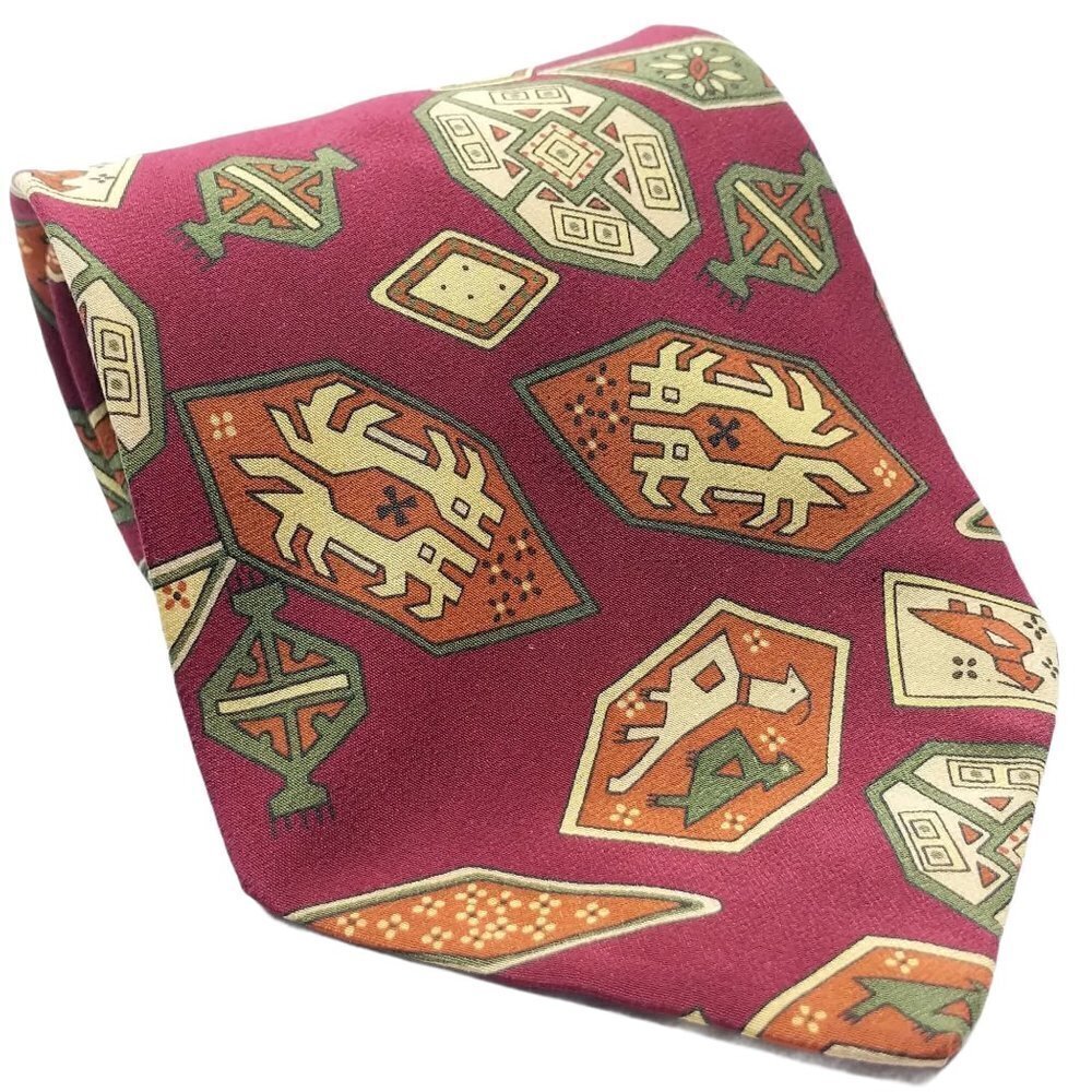 Christopher Hayes Red Ancient Aztec Print Silk Tie